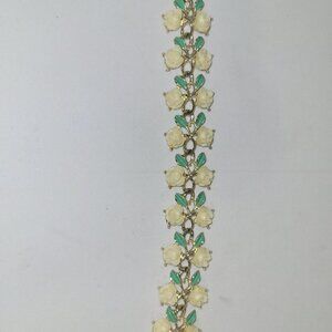 Vintage White Celluloid Rose Bracelet with Enameled Leaves * Floral Jewelry
